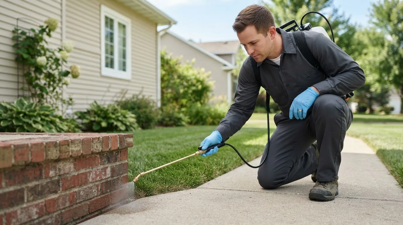 Pest control technician treating a home near Middletown, VA
